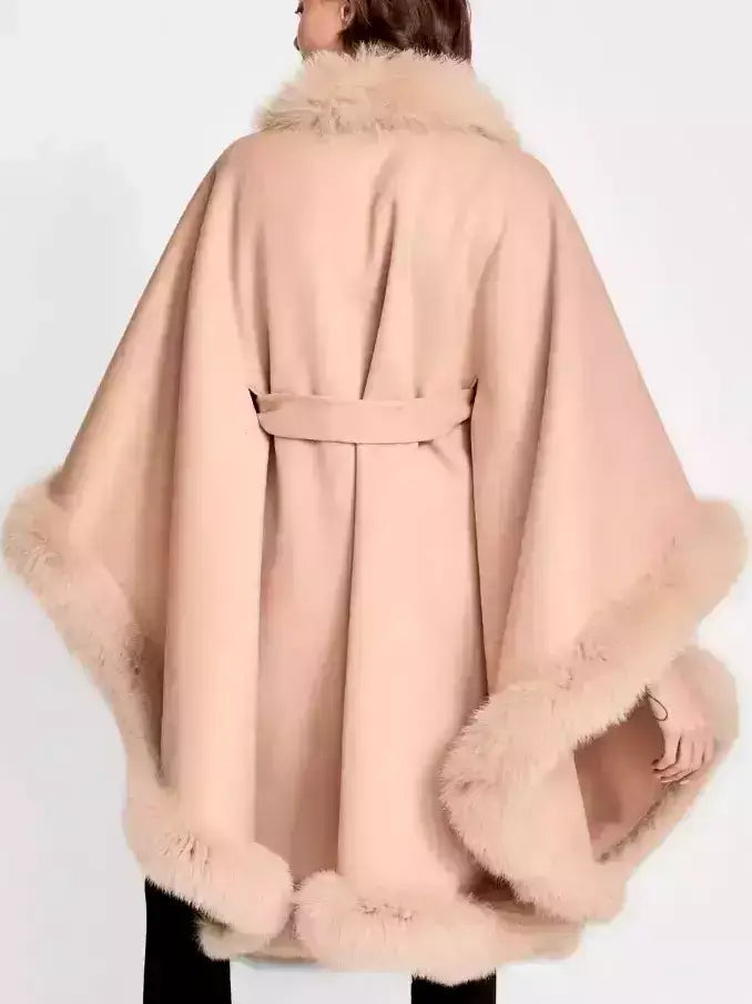Belted Wool Cape Coat with Fur Trim - One size - Coats