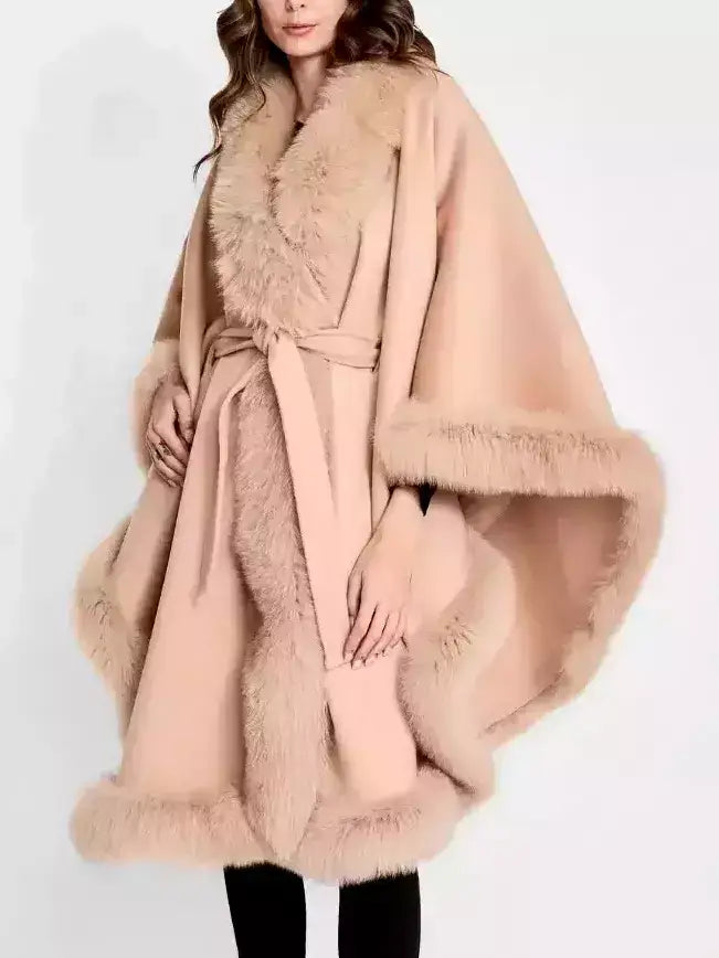 Belted Wool Cape Coat with Fur Trim - One size - Coats