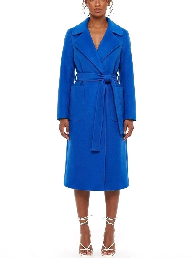 Belted Wool Cashmere Coat with Oversized Patch Pockets - Small / Cobalt Blue - Coats