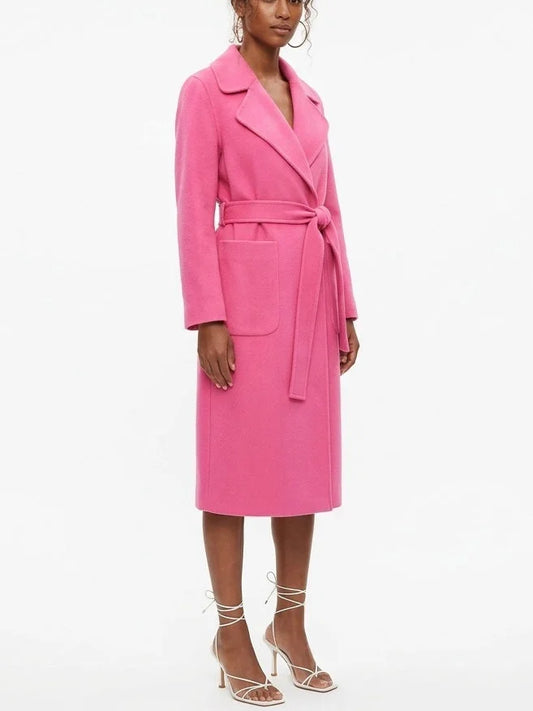 Belted Wool Cashmere Coat with Oversized Patch Pockets - Coats