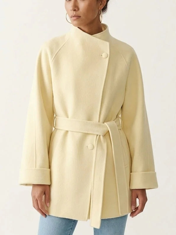 Belted Wool Cashmere Short Coat in Soft Yellow - Coats