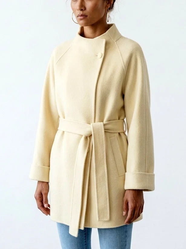 Belted Wool Cashmere Short Coat in Soft Yellow - Coats