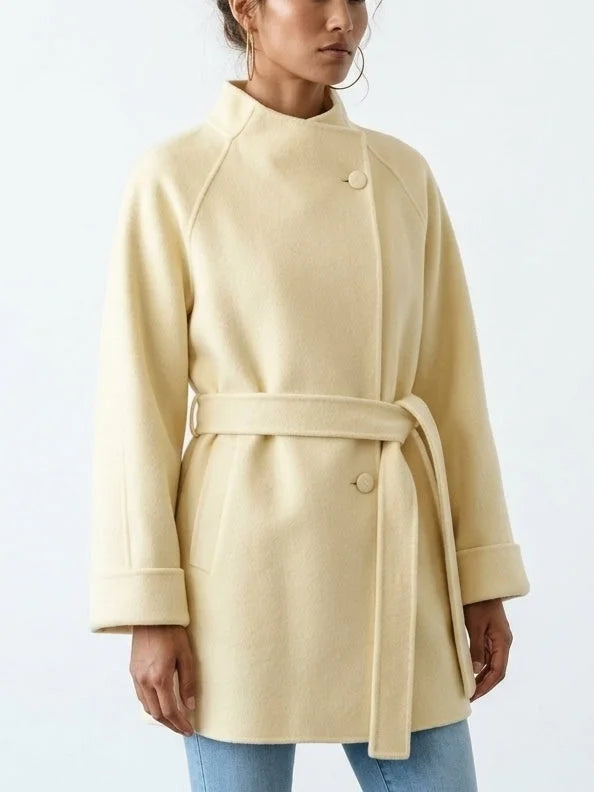 Belted Wool Cashmere Short Coat in Soft Yellow - Coats