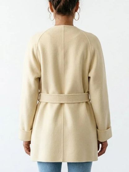 Belted Wool Cashmere Short Coat in Soft Yellow - Coats
