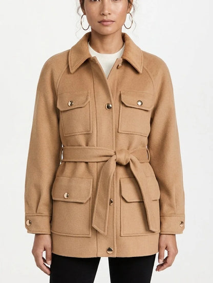 Belted Wool Utility Jacket with Gold Tone Buttons - Jackets