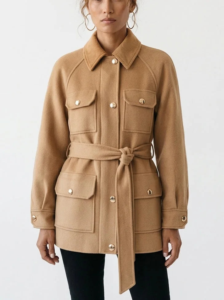 Belted Wool Utility Jacket with Gold Tone Buttons - Jackets