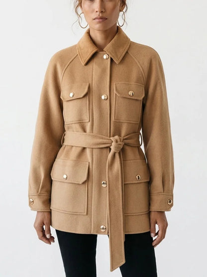 Belted Wool Utility Jacket with Gold Tone Buttons - Jackets