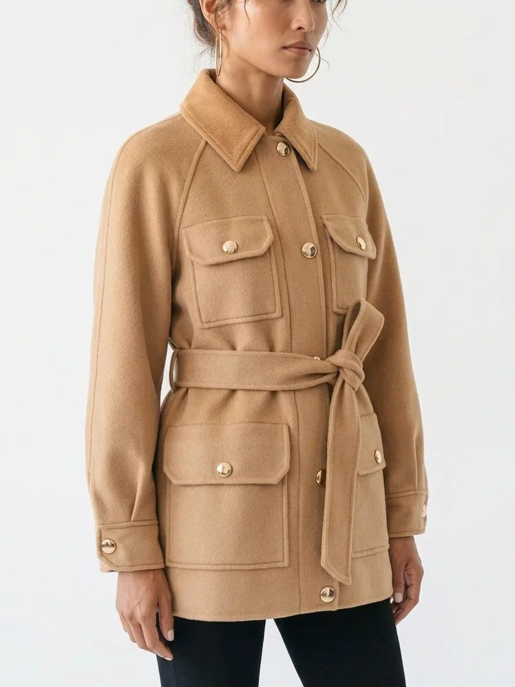 Belted Wool Utility Jacket with Gold Tone Buttons - Jackets