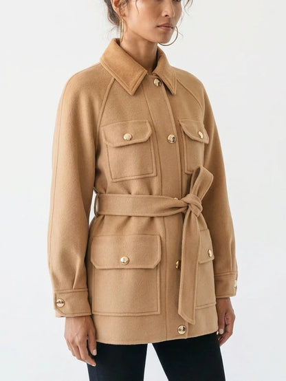 Belted Wool Utility Jacket with Gold Tone Buttons - Jackets