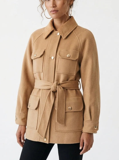 Belted Wool Utility Jacket with Gold Tone Buttons - Jackets