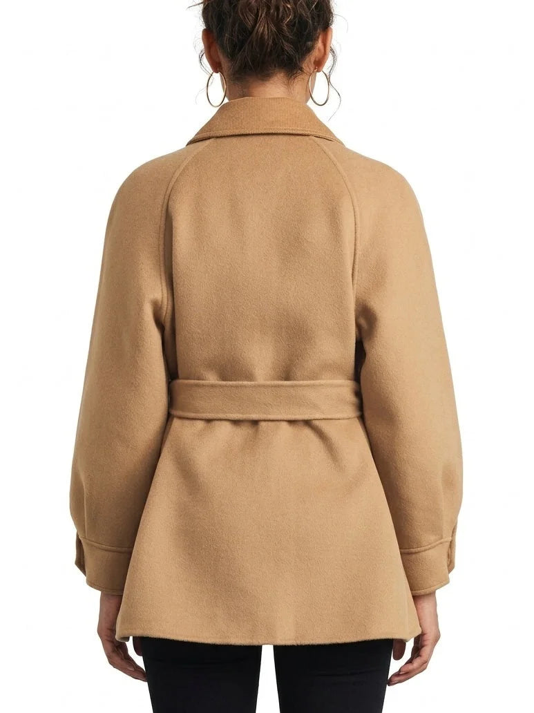 Belted Wool Utility Jacket with Gold Tone Buttons - Jackets