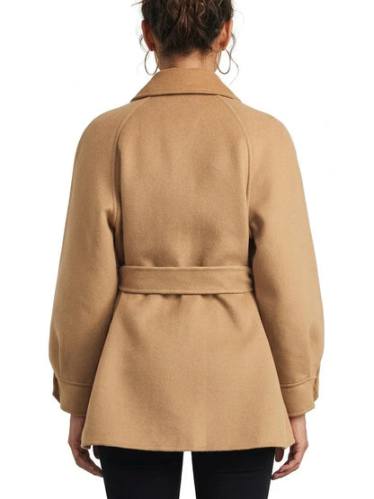 Belted Wool Utility Jacket with Gold Tone Buttons - Jackets