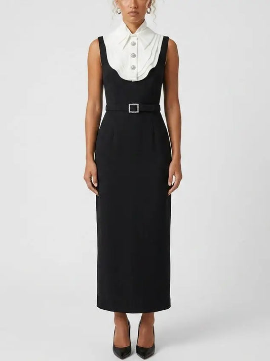 Bib Collar Belted Sleeveless Column Midi Dress - S - Dresses