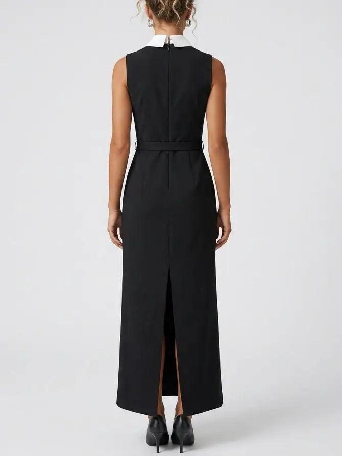 Bib Collar Belted Sleeveless Column Midi Dress - Dresses