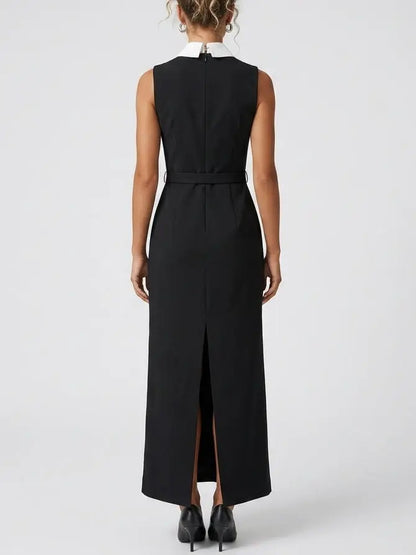 Bib Collar Belted Sleeveless Column Midi Dress - Dresses