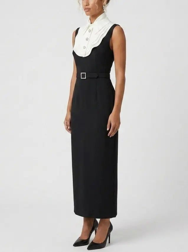 Bib Collar Belted Sleeveless Column Midi Dress - Dresses