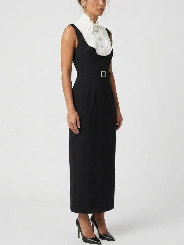 Bib Collar Belted Sleeveless Column Midi Dress - Dresses