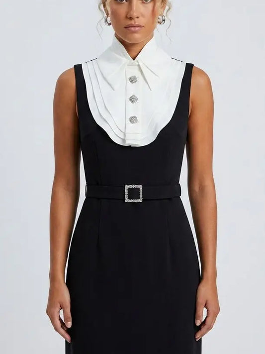 Bib Collar Belted Sleeveless Column Midi Dress - Dresses