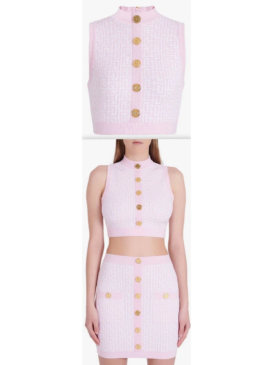 Bicolor Jacquard Crop Top with Monogram Print, Pink - Branna Couture