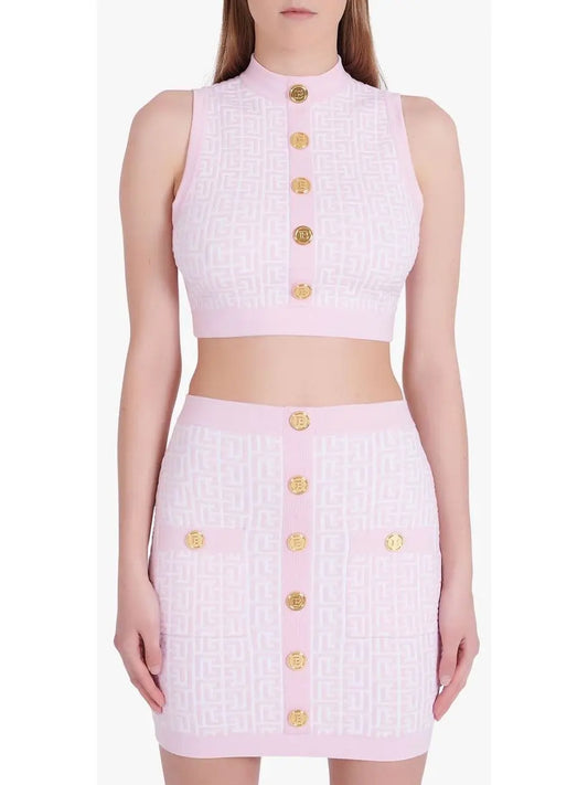 Bicolor Jacquard Crop Top with Monogram Print, Pink - Branna Couture