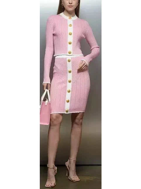 Bicolor Pink and White Knit Gold-Embossed Buttoned Cardigan and Mini Skirt Set - Branna Couture