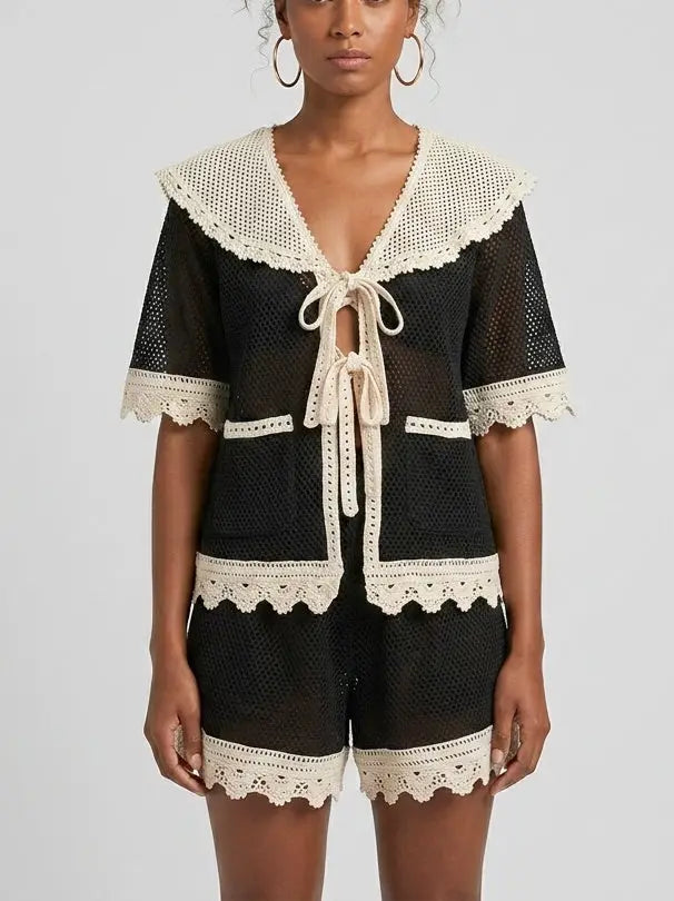 Bicolor Crochet Tie-Front Top and Shorts Set - Small - Suits & Sets