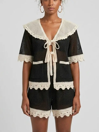 Bicolor Crochet Tie-Front Top and Shorts Set - Small - Suits & Sets