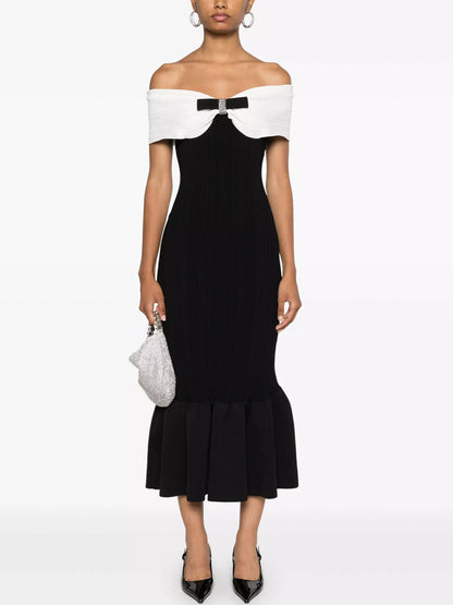 Bicolor Off-Shoulder Bow-Detail Ribbed Midi Dress Branna Couture