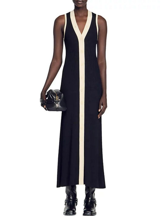Bicolor Ribbed Knit Sleeveless Dress - Small - Dresses