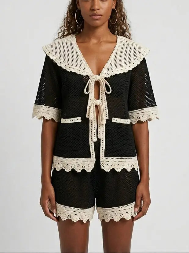 Bicolor Crochet Tie-Front Top and Shorts Set - Suits & Sets