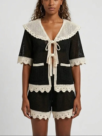 Bicolor Crochet Tie-Front Top and Shorts Set - Suits & Sets