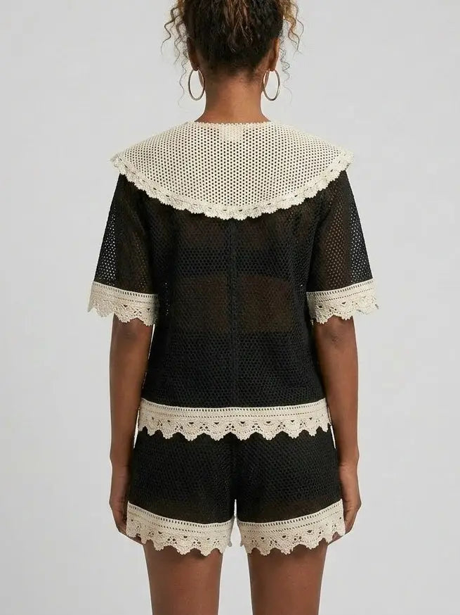 Bicolor Crochet Tie-Front Top and Shorts Set - Suits & Sets