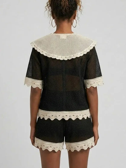 Bicolor Crochet Tie-Front Top and Shorts Set - Suits & Sets