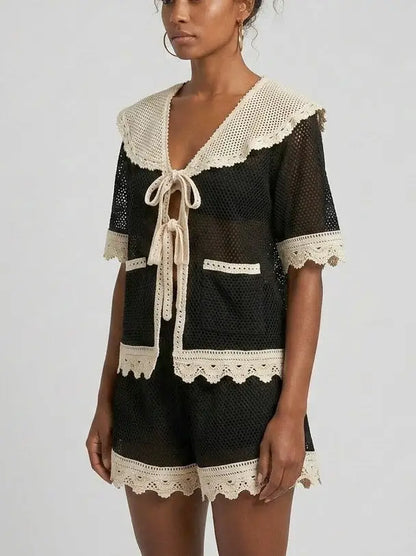 Bicolor Crochet Tie-Front Top and Shorts Set - Suits & Sets