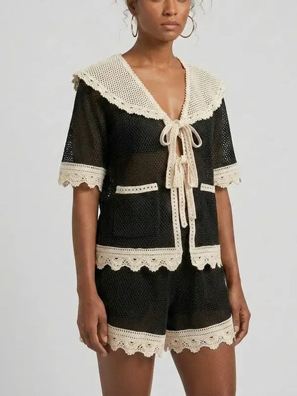 Bicolor Crochet Tie-Front Top and Shorts Set - Suits & Sets