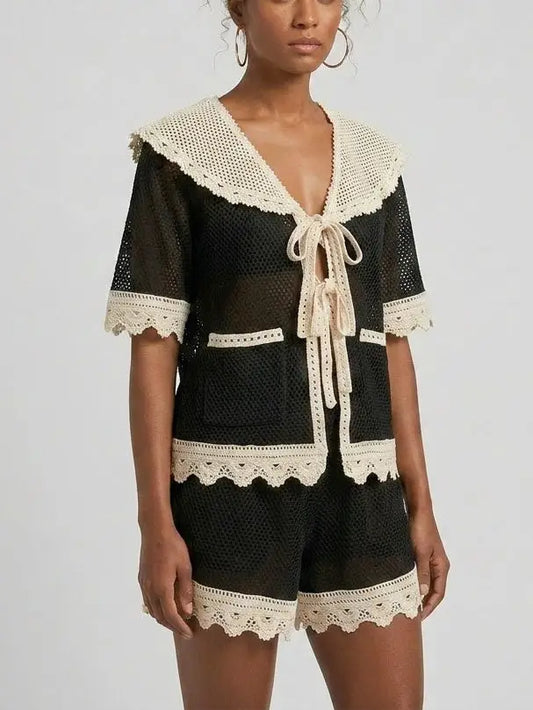 Bicolor Crochet Tie-Front Top and Shorts Set - Suits & Sets