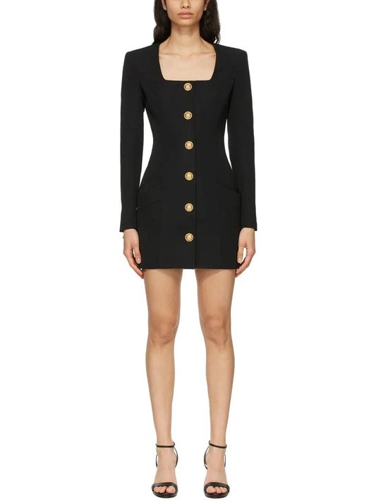 Black Buttoned Square-Neck Mini Dress - Branna Couture