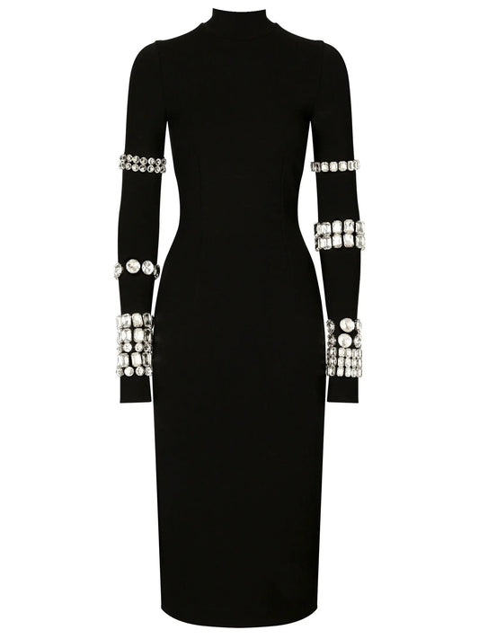 Black Calf-Length Stretchy Dress with Rhinestones - Branna Couture