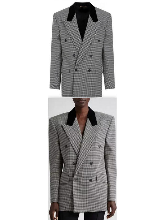 Black Checked Double-Breasted Wool Blazer with Velvet Collar - Branna Couture