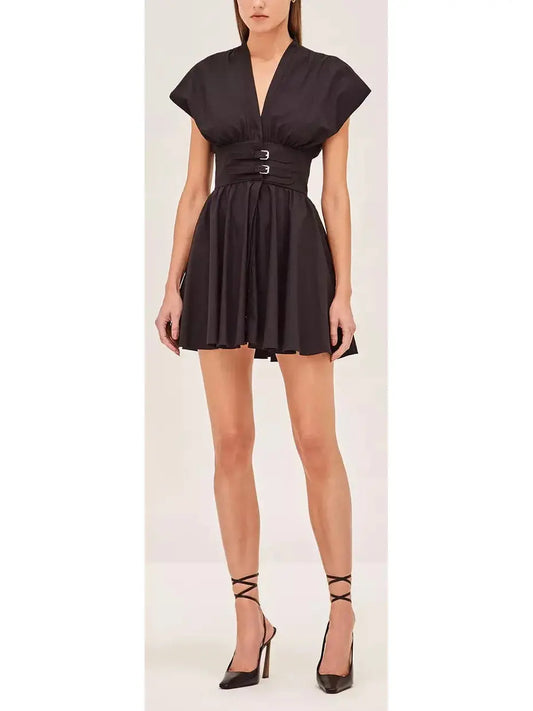 Black Concealed Button-Down V-Neck Double-Belted Mini Dress - Branna Couture