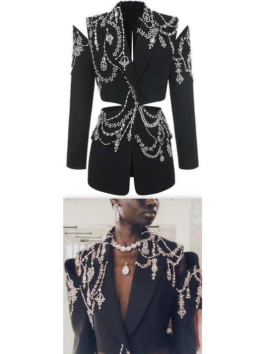 Black Crystal-Embellished Cutout Blazer Jacket - Branna Couture