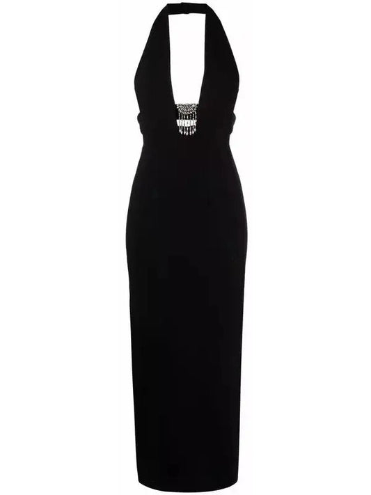 Black Crystal-Embellished Halterneck Dress - Branna Couture