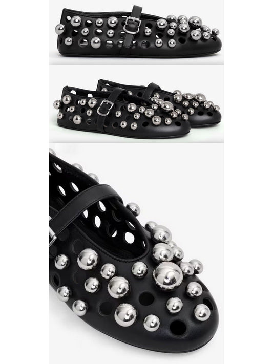 Black Cut-Out Leather Ballets Flats with Metal Spheres - Branna Couture