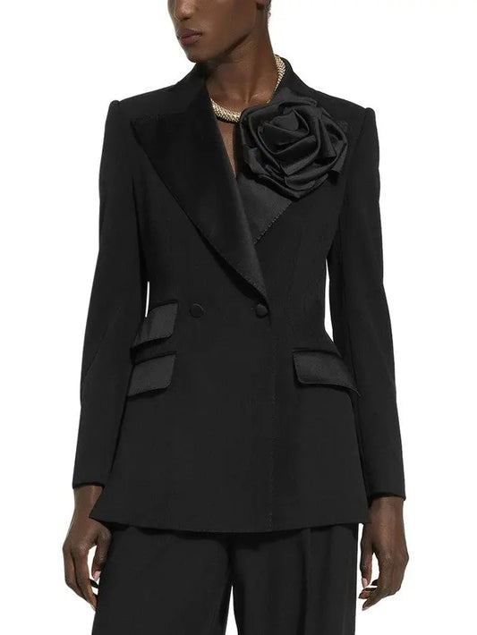 Black Double-Breasted Flower-Applique Blazer Jacket - Branna Couture