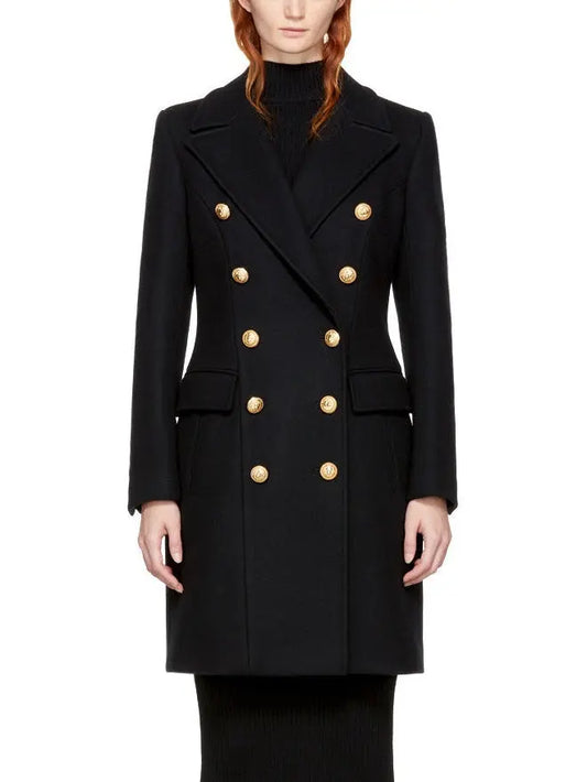 Black Double-Breasted Gold Metal Button Coat - Branna Couture