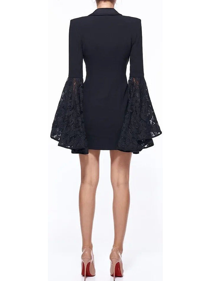 Black Double-Breasted Lace-Sleeve Blazer Dress - Branna Couture