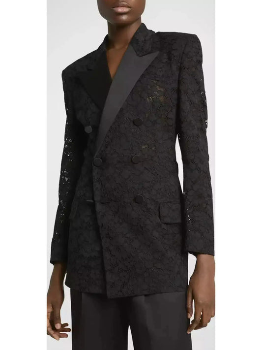 Black Double-Breasted Satin Trimmed Lace Blazer - Branna Couture