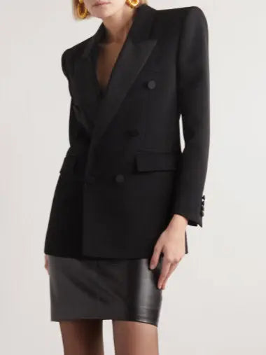 Black Double-Breasted Wool-Blend Blazer with Satin Trim Branna Couture