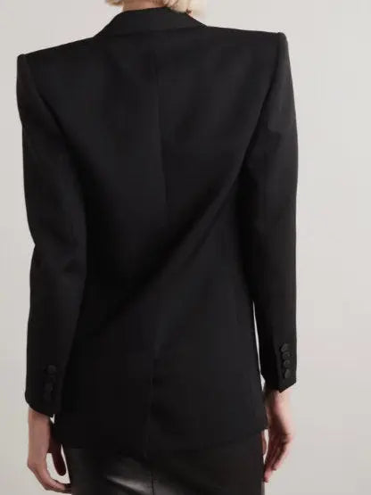 Black Double-Breasted Wool-Blend Blazer with Satin Trim Branna Couture