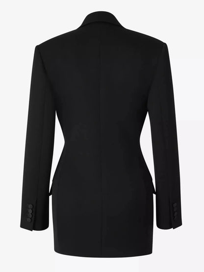 Black Double-Breasted Wool-Blend Blazer with Satin Trim Branna Couture